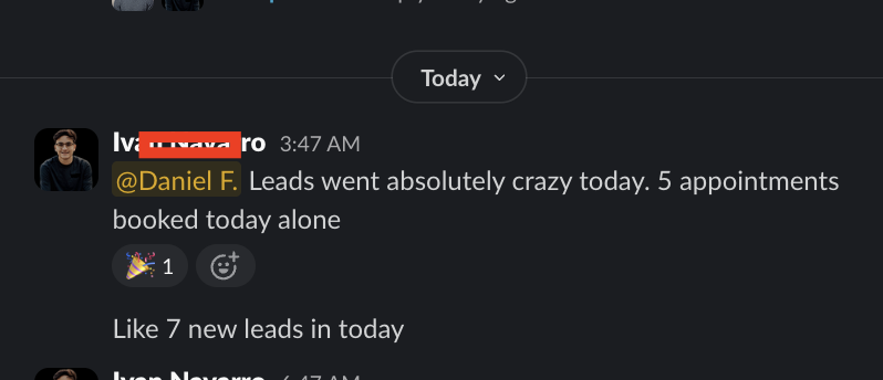 Slack message showing leads flowing today with 5 new leads